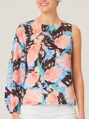 G.I.L.I. Multi-Floral One Shoulder Top, L – Asymmetrical Statement Blouse
